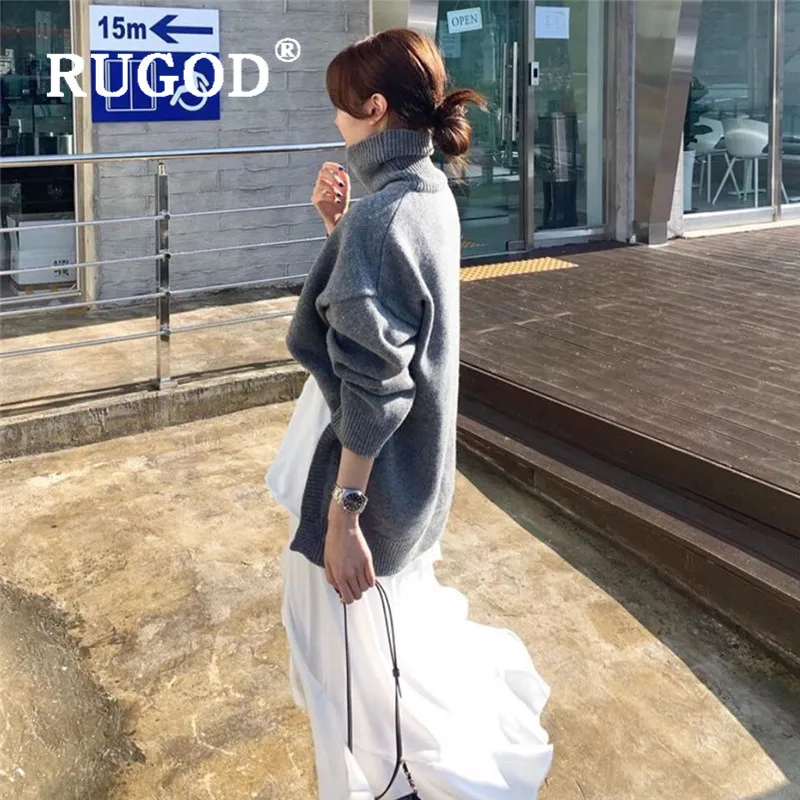 Свитер женский RUGOD, толстый теплый свитер с высоким воротом, женская мода, разрезы по бокам, длинный рукав, Свободный пуловер, длинный Зимний вязаный свитер для женщин кофта женская
