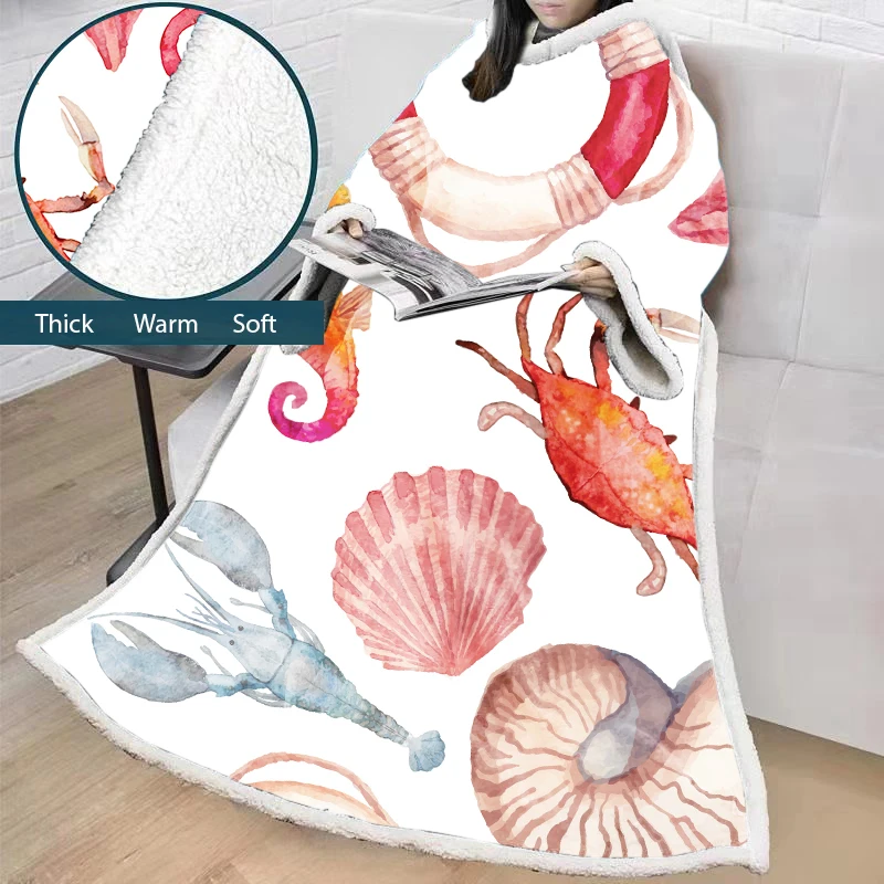 Blanket-1 Sea Life/домашнее одеяло из микрофибры с 3D-принтом в виде ракушки креветок для девочек, комфортное Коралловое Флисовое одеяло с капюшоном и длинными рукавами, 127x178 см - Цвет: Blanket-1