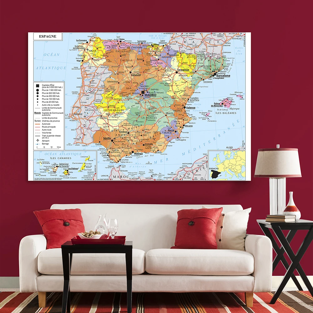 225*150cm Transportation Map of The Spain In French Non-woven Canvas Painting Detailed Large Poster Home Decor School Supplies