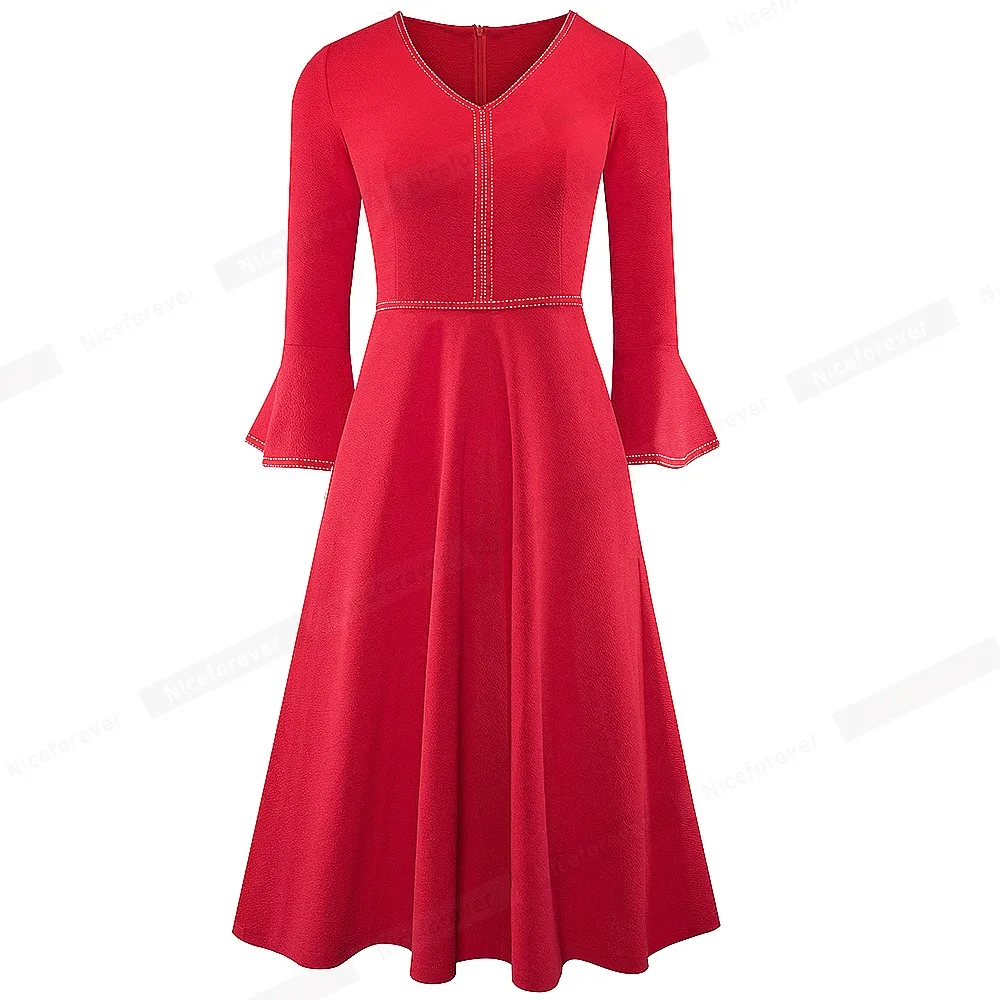 Nice-forever Autumn Elegant Pure Color with Flared Sleeve Dresses Cocktail Party Women Swing A-line Dress A221