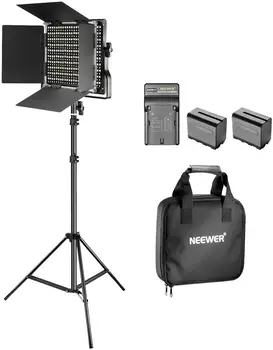 

Neewer Bi-color LED video light and stand set battery and dimmable charger 660 LED U bracket and barndoor for studio YouTube