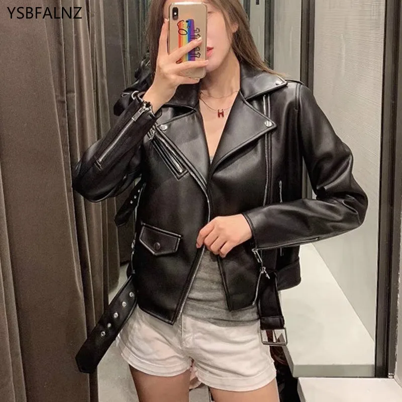 

2020 Biker Faux Leather Jacket Fashion Women Spring Autumn Black Jacket Female With Belt Bomber Motorcycle Coat Korean Outerwear