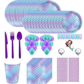 

Cartoon Mermaid Theme Birthday Party Disposable Paper Plate Cup Napkin Tableware Sets Baby Shower Girl 1st Birthday Party Decor