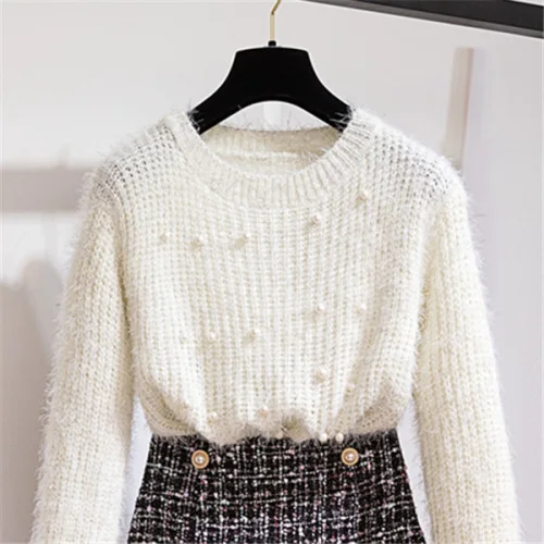 Осенне-зимний комплект из двух предметов, спортивный костюм для женщин, элегантный вязаный свитер с бисером+ твидовая юбка русалки с высокой талией, женская одежда - Цвет: white sweater