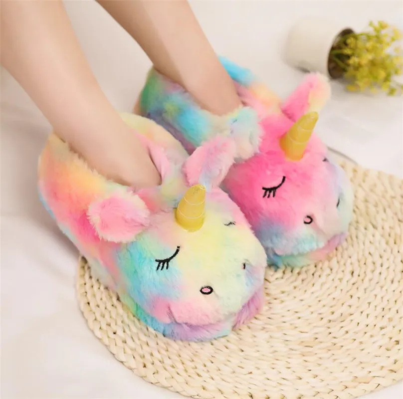 

Women Winter Home Slippers Furry Unicorn Slippers Cute Cartoon Slides Snug Bedroom Slides Warm Cotton Slippers Indoor Slippers