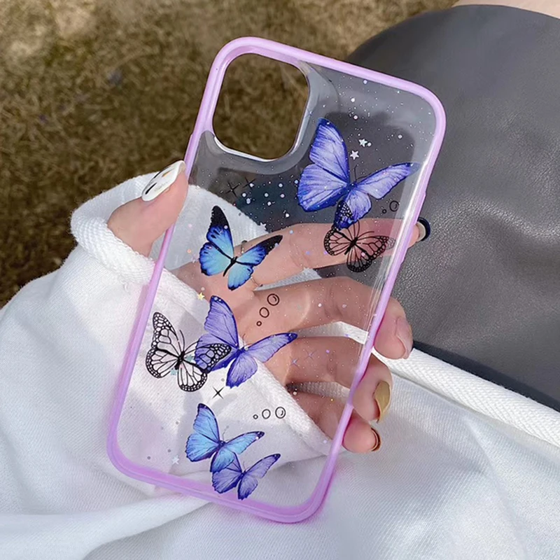 Cute Cartoon Laser Card Butterfly Phone Case for IPhone 12 Pro 11Pro Max XS XR X 7 8Plus Pink Purple Glitter Clear TPU Cover | Мобильные