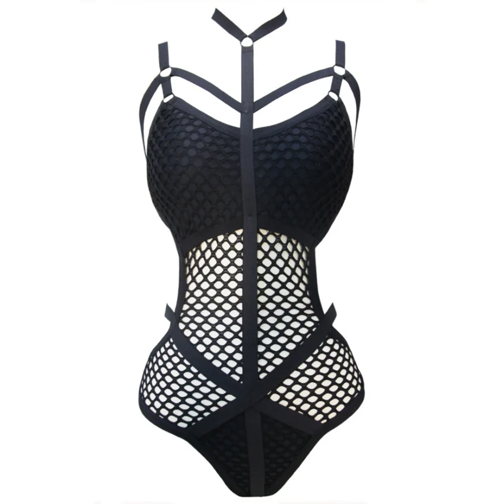

Women Black Sheer Knit Net Mesh Sexy Women Swimwear One Piece Swimsuit Female Bather Bathing Suit Swim Halter