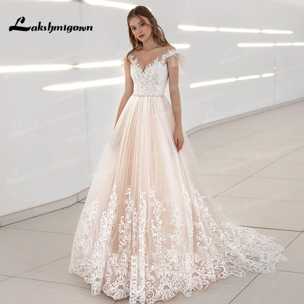 Elegant Blush Pink Wedding Dress Tulle Vneck Button Appliques Lace