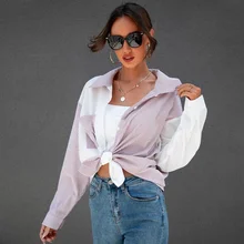 

Patchwork Striped Tshirts Women Lapel Casual Commute Tops Autumn Winter Contrast Color Tees Fashion Elegant Streetwear Clothing
