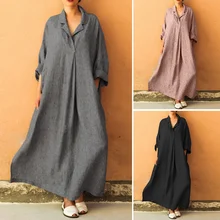 Robe Maxi à manches longues et col rabattu pour femme, vêtements Vintage, Baggy, Kaftan, grande taille 