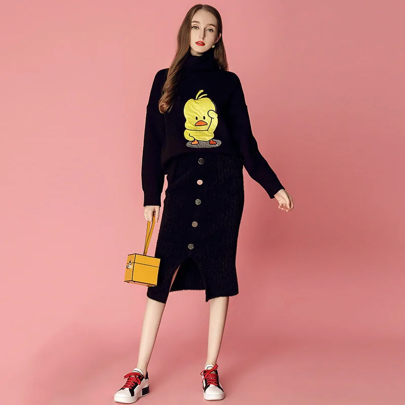 

Ozhouzhan WOMEN'S Dress 2018 Autumn And Winter New Style Knitted High Collar Loose-Fit Tops + Slit Skirt-Style Set Fashion