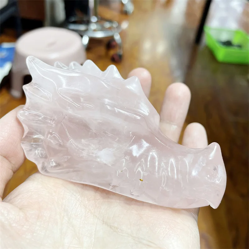 

10cm Natural Rose Quartz Dragon Head Skull Polished Healing Crystal Dragon Head For Home Decor