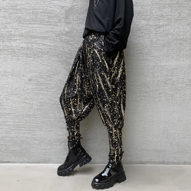 Харадзюку металлические золотистые черные мужские шаровары с принтом Ретро джоггеры хлопковые брюки мужские свободные хип-хоп Уличная одежда мужские повседневные брюки