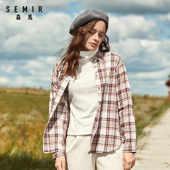 

SEMIR Women cotton long-sleeved shirt 2020 new retro check student simple shirt loose girl shirt