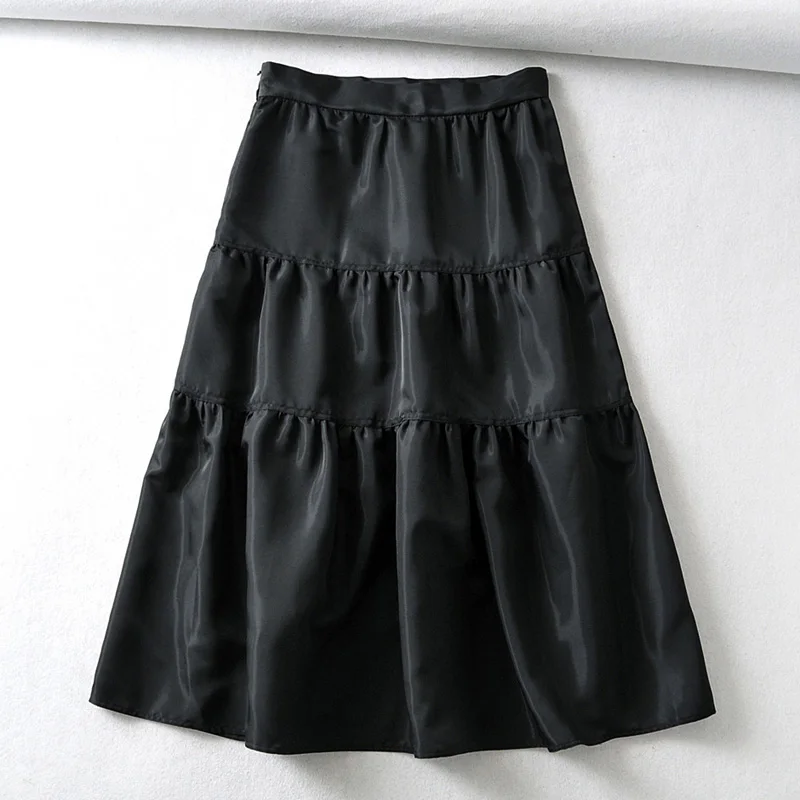 RR Taffeta многослойные юбки, женская модная свободная Однотонная юбка, женская элегантная плиссированная юбка на молнии, юбки до середины икры для женщин