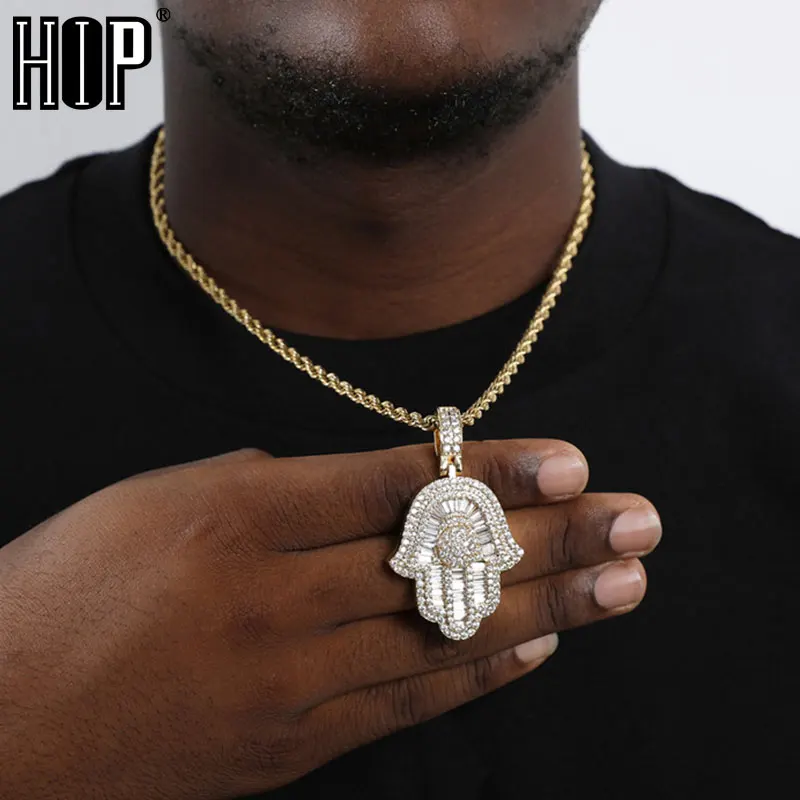 Details about / Mens Hip Hop Hand of Fatima Rhinestone Pendant Chain Necklace