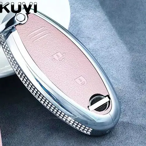 Алмазный Кожаный чехол для ключей автомобиля для Nissan 350Z Almera Altima Armada Qashqai Cefiro Cube Juke Livina пульт дистанционного управления Fob защитный чехол - Название цвета: Розовый