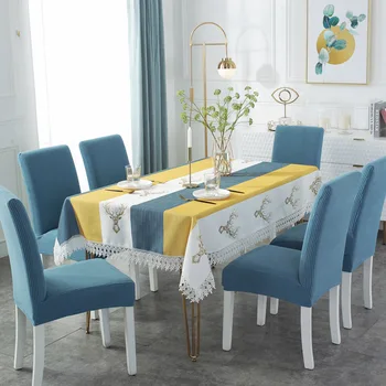 

7 Pieces Northern Europe Table Cloth Chair Cover Set Linen Dining Tablecloth Stretch Seat Dustproof Covers Home Decor Tapetes