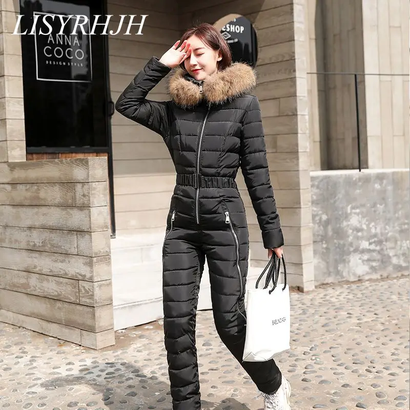 down jacket suit women piece thick coat winter fashion one-piece suits waist slim ski women parka