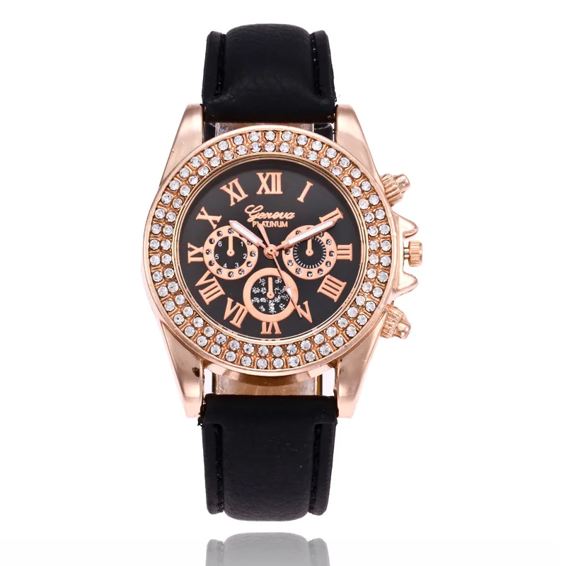 

Geneva Fake Three Eye Diamond Set Quartz Watch Women's Fashion Leather Belt Watch New Style WOMEN'S Watch Supply of Goods Wholes
