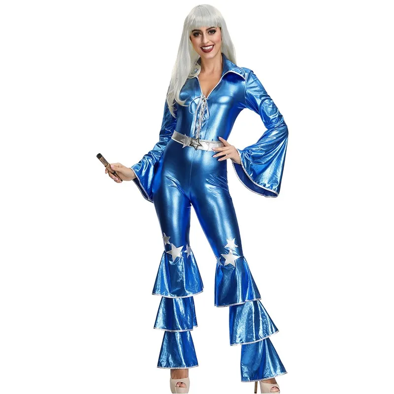 Высокое качество синий комбинезон в стиле ретро Дискотека 60 70 хиппи певицы костюм на Хэллоуин для ночного клуба, для певицы, костюм для выступлений