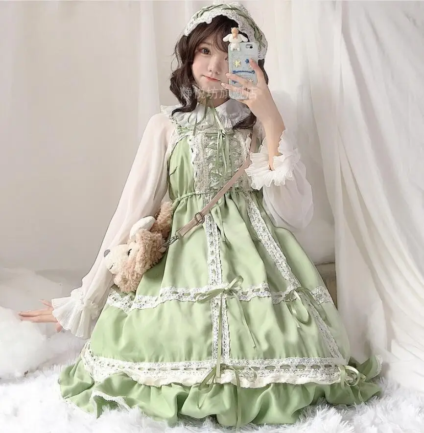 Cos Loli JSK Shoulder-Strapes Lace Dress Lolita Japanese Mori Girl Cute Kawaii Retro Gothic Princess Tea Party Dress Cos lolita dress lolita suspender dress lolita cosplay costumes