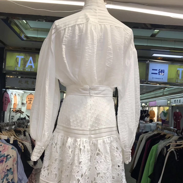 Кружевное платье в стиле пэчворк Для женщин костюм с кнопками и летучая мышь-фонарь рукав рубашка Высокая талия с жемчужным кулоном мини-юбка из двух частей комплект Для женщин