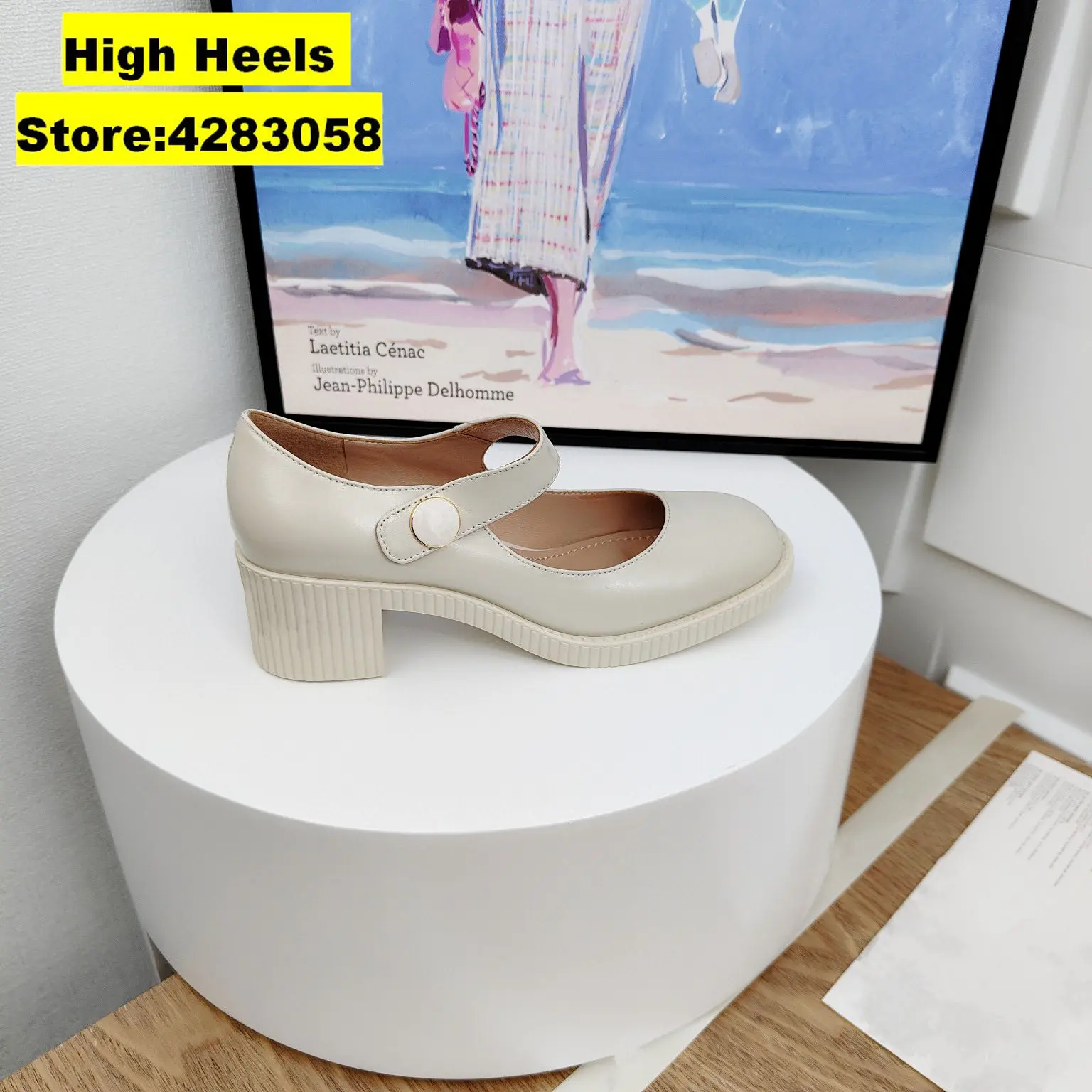 

Casual Designer fashion Women Shoes Beige Genuine Leather Round toe Maryjanes High heels Prom Evening pumps