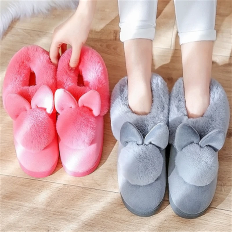 Nafanio Winter Warm Slippers with Platform High Heel Thick Cotton Boots Cute Cartoon Bow Home Rabbit Ears Shoes