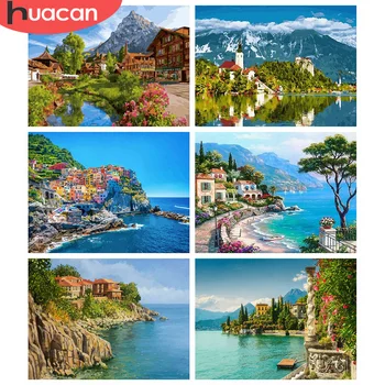 

HUACAN 5D Diamond Painting Seaside House Cross Stitch Diamond Embroidery Full Square Mosaic Landscape Wall Art Home Decor