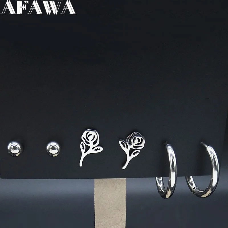 3pcs Stainless Steel Flower Earrings Set Women Silver Color Earrings Lot Halloween Gift Jewelry pendientes acero E612969