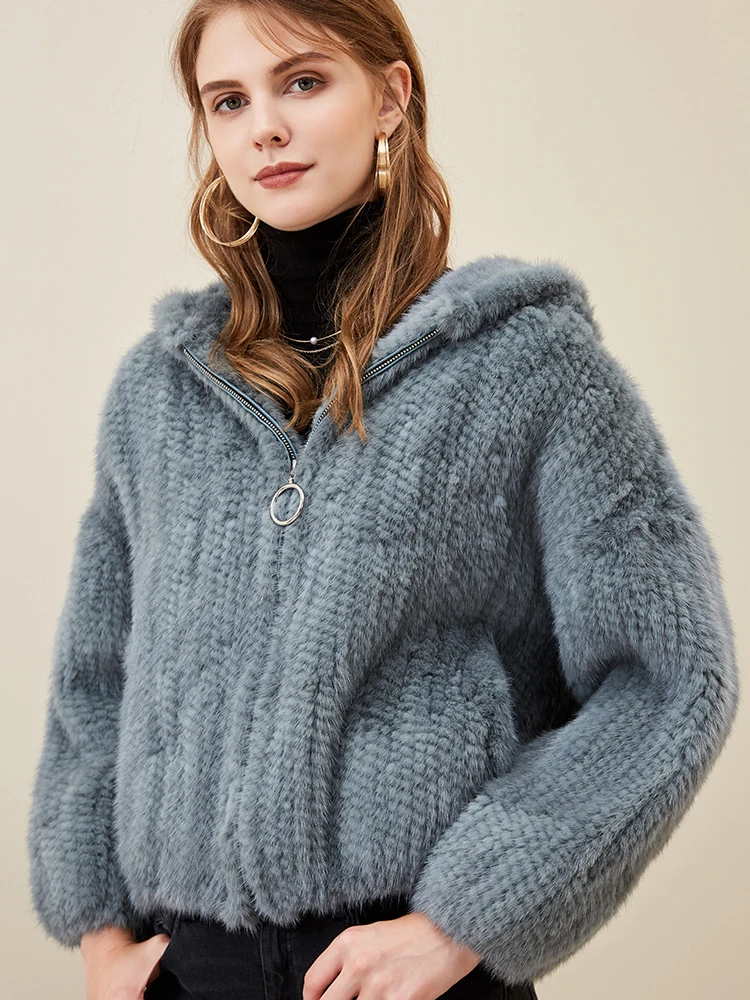 

Real Mink Fur Coat Female Knitted Mink Jacket Hooded 2020 Fashion Winter Coats Women Short Natural Fur Jacket A1818