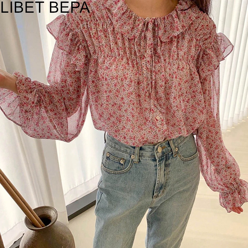 

New 2022 Fashionable Single Breasted Ruffles Pagoda Sleeve Shirts Print Lace Up Autumn Winter Women's Blouses Sweet Tops BL2080