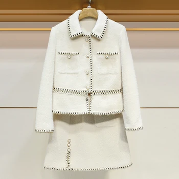 

HAMALIEL High Quality Winter Women Tweed Weave Thick Single Breasted Tassel Coat Two Piece Set And White Woollen Split Skirt Set