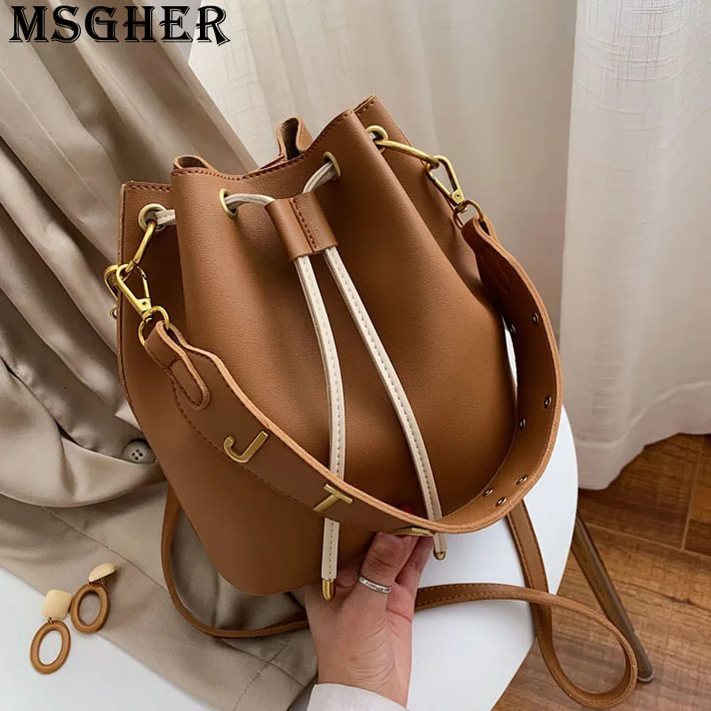 

MSGHER Solid String Bucket Women Shoulder Bag Large Capacity Autumn Gentle Color New Age Concise Style Joker Girl Bag WB2987