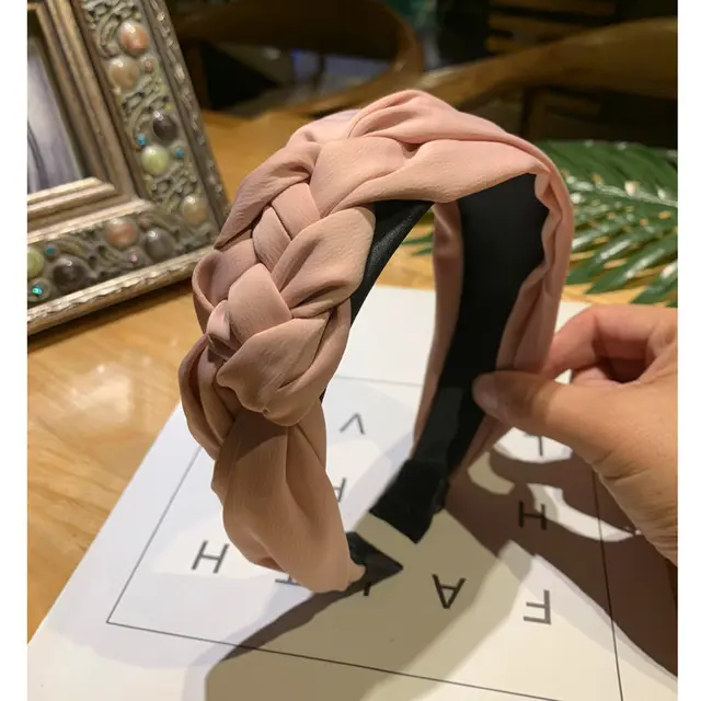 New Wide Weaving Hairbands Autumn Girls Hair Accessories Hoop Women Green Braid Headband Fashion Bezel Pink