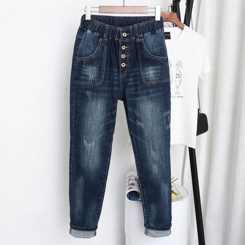 Denim Jeans Elastic-Waist Large-Size Women Pants Vintage Female Summer Fashion Ankle-Length