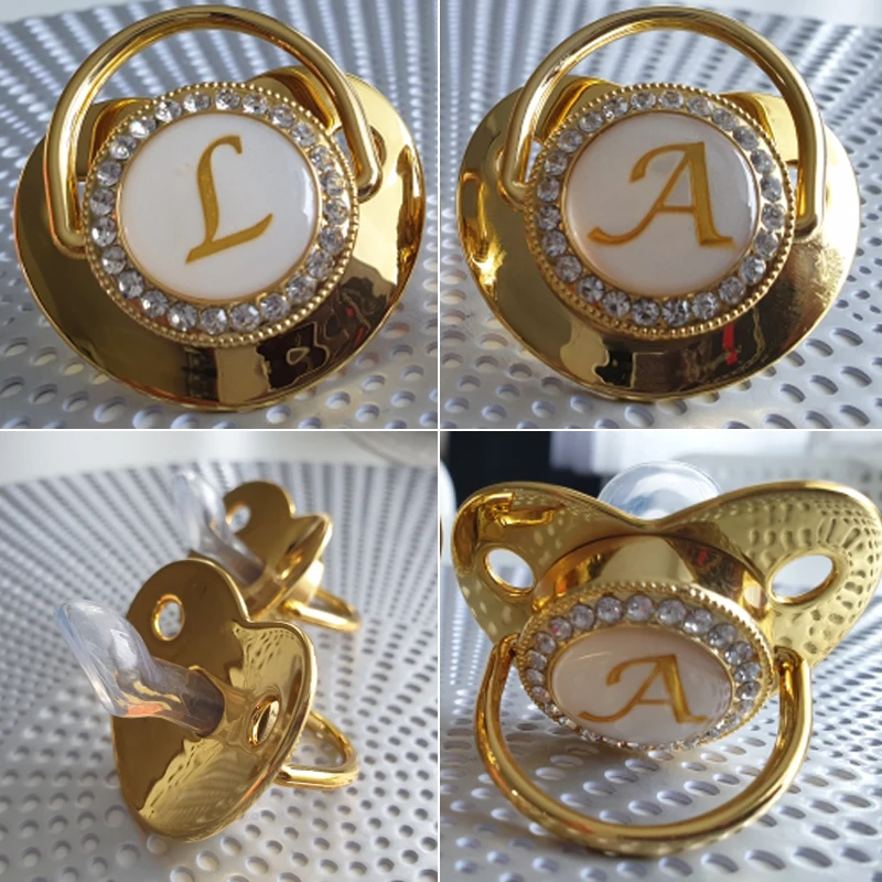 Initial Letter Baby Pacifier and Pacifier Clips BPA Free 26 Letters Name Silicone Infant Nipple Gold Bling Newborn Dummy Soother 6