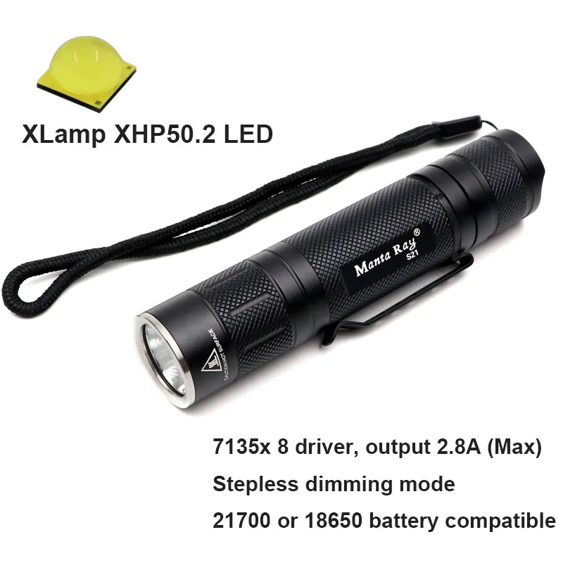S21 черный фонарик факел CREE XHP50.2 6500K светодиодный внутри медный DTP доска бесступенчатая лампа с регулировкой дизайна 21700 или 18650 батареи