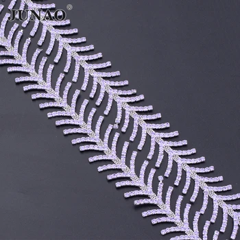 

JUNAO 1 Yard Violet Glass Rhinestones Chain Trim Metal Fringe Crystal Fabric Sewn Diamond Applique Strass Banding Garment Crafts