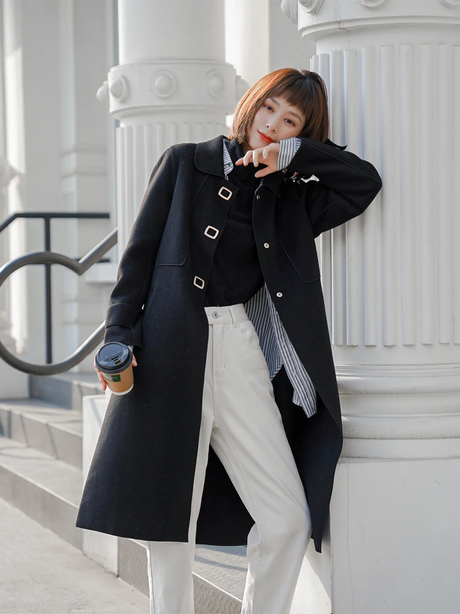 

2020 autumn and winter new popular Hepburn style long over the knee was thin double-sided woolen coat woolen coat women