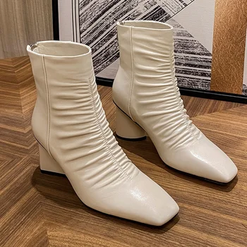 

new fashion genuine leather thick high heels ankle boots for women brand high heels women boots autumn winter short boots 34-42
