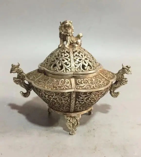 

Collectible archaize white copper lion phoenix incense burner