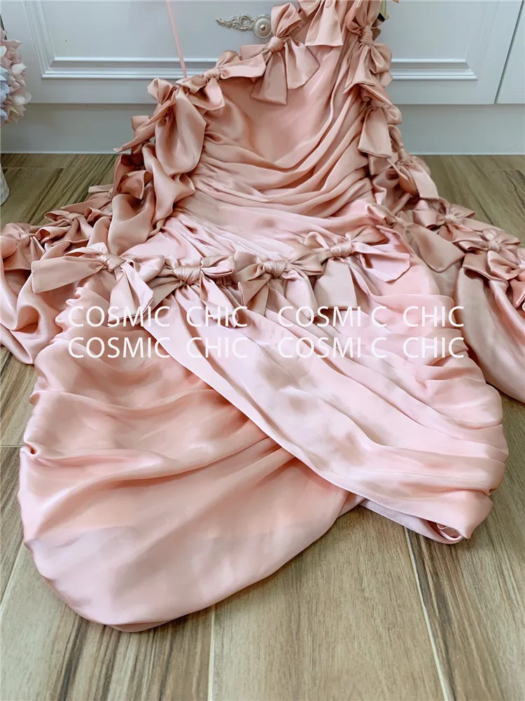 Cosmicchic элегантные сексуальные нестандартные платья с бантом и открытыми плечами, мини платья для вечеринок, косой воротник, фонарь, длинный рукав, облегающее розовое платье