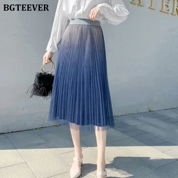 

BGTEEVER 2020 Spring Summer Layers Midi Mesh Skirt Women Elastic High Waist Pleated Skirt Chic Long Tulle Ins Tutu Skirt Femme