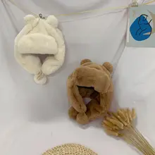 Детская искусственная Меховая зимняя шапка, новинка, плюшевая шапка-водолазка с медведем, шапка с меховым помпоном, детская теплая шапка с ушами для мальчиков и девочек, От 4 до 8 лет для малышей