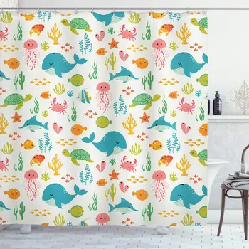 

Cartoon Shower Curtain Underwater Animals Aqua Marine Life with Crabs Sea Stars Fish Illustration Bathroom Decor Set with Hooks