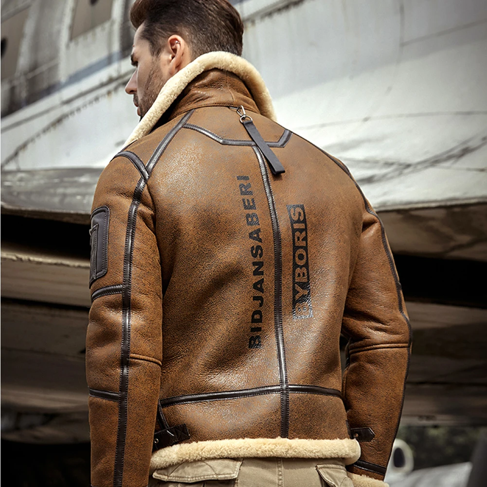 Brown Waxed Mens Aviator Hooded Shearling Leather Jacket