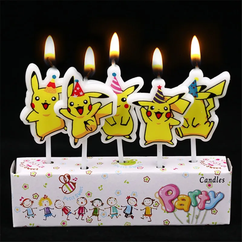 Pokemon Birthday Party Supplies Tableware Set Party Paper Plates Cup Napkins Pokemon Party Balloon Decorations Hats Flags Candle - Color: Candle-5pcs