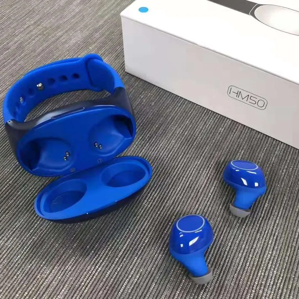 Синий New Creative Bluetooth5.0 Wrist Binaural TWS Headset HM50 Portable Wireless Sport Watch Earphone Storage charging Bin HIFI Music - Цвет: Синий